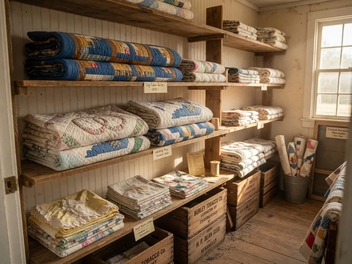 Handmade quilts & textiles by Homestead Quilt Co. in rich Bluegrass patterns